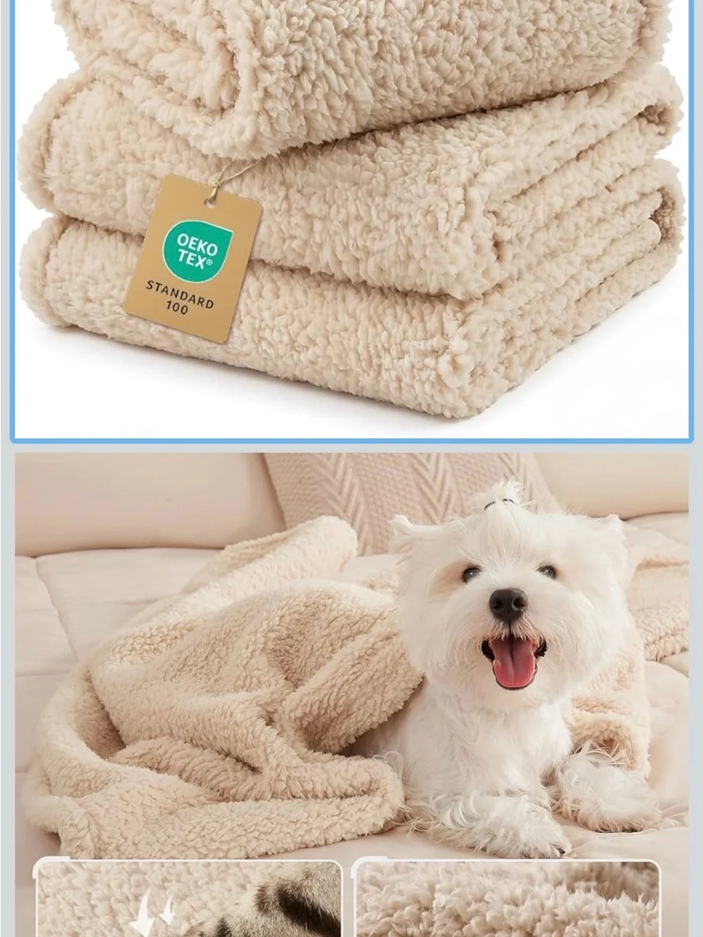 3pk Luciphia Plush Sherpa Dog Blanket – Cream Cozy Pet Throw